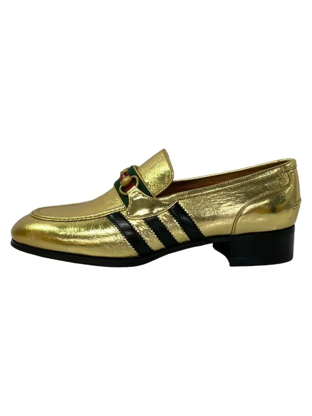 Gucci Loafers 10 3 Stripe Horsebit Gold Leather
